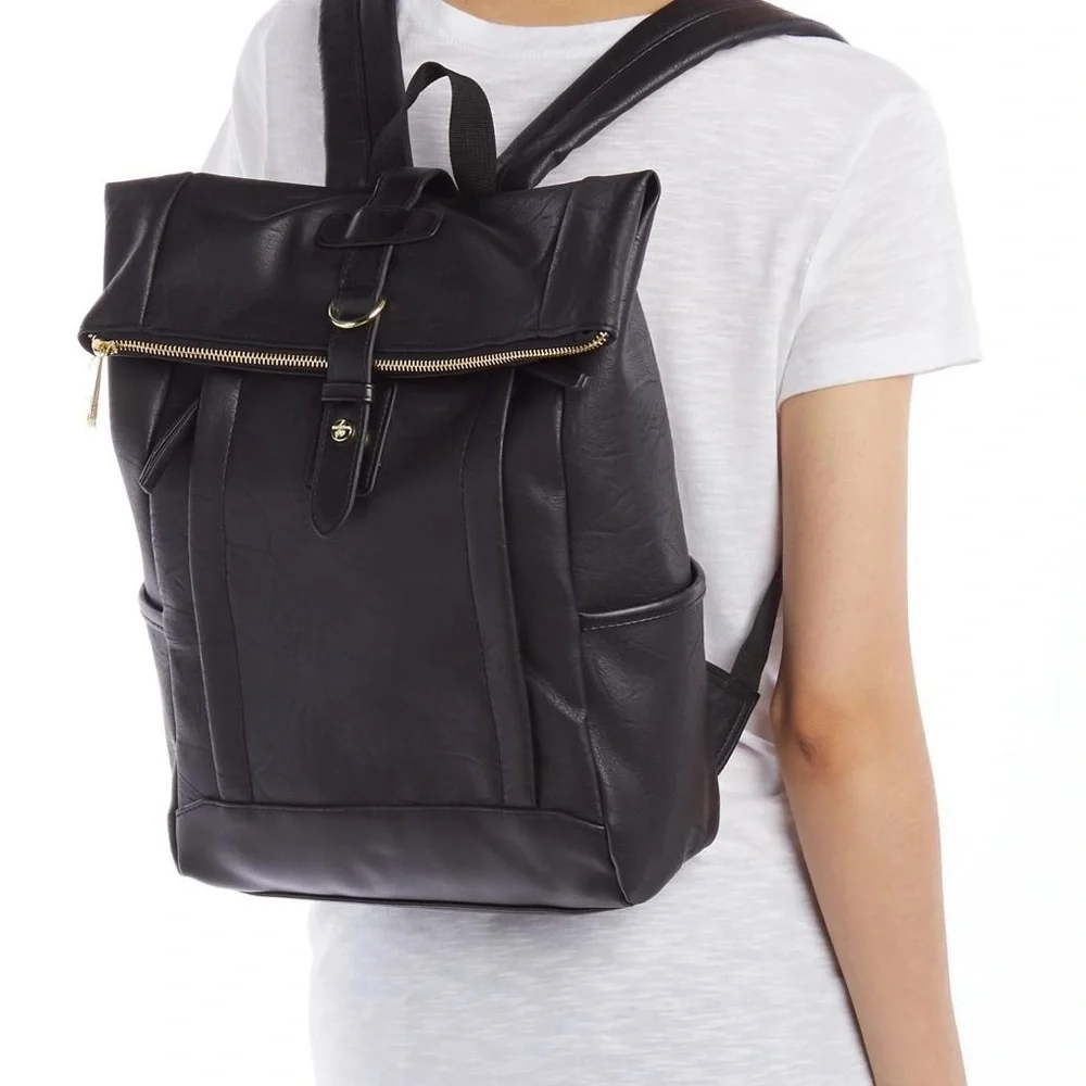 Black‎ Backpack with Fold-Over Flap and Top Handle